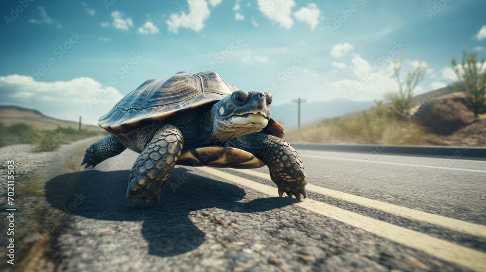 A sea turtle crosses the road - obrazy, fototapety, plakaty 