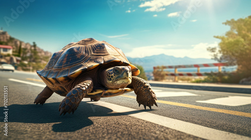 A sea turtle crosses the road
