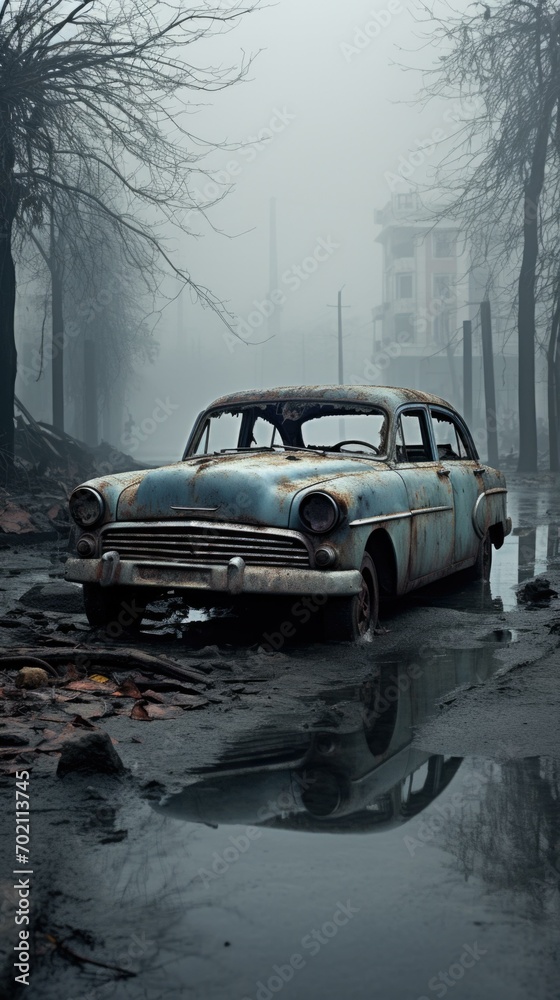 An old car is sitting in a puddle of water. Generative AI. An old car is sitting in a puddle of water. Generative AI.