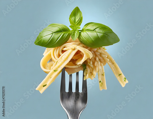 Fork with tasty pasta and basil leaf on color background, close up view, food creating texture of ingredients photo