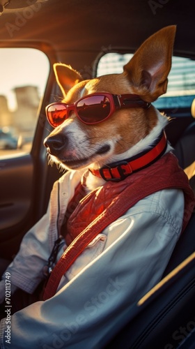 A terrier in sunglasses enjoys a sunny drive in a sports car, capturing the essence of fun and luxury. Generative AI. © serg3d