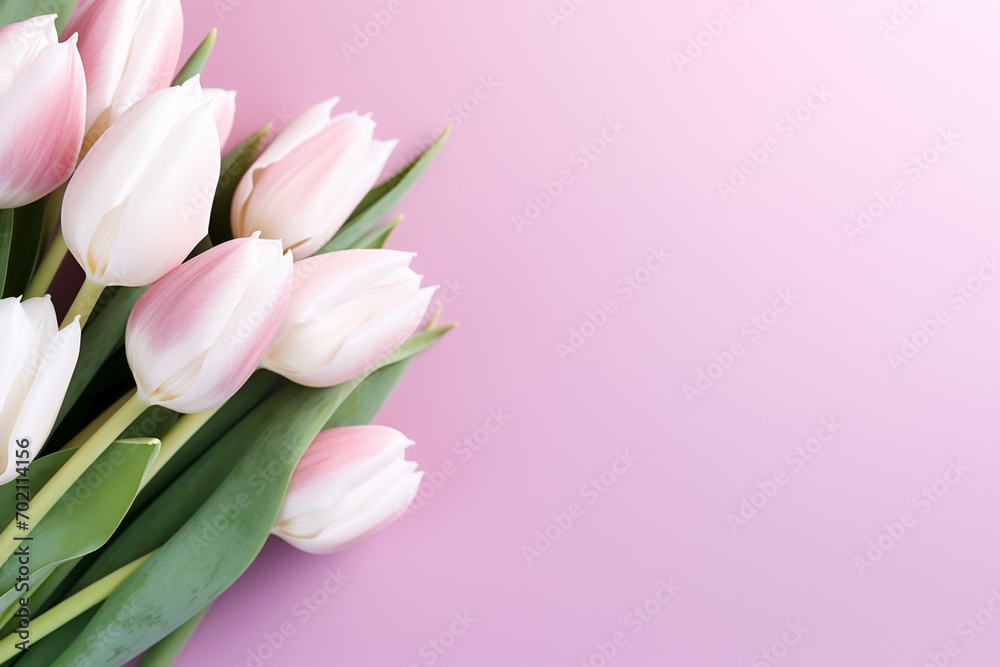 Bouquet of pink and white tulips on a pink background Woman's Day Woman's Day