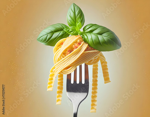 Fork with tasty pasta and basil leaf on color background, close up view, food creating texture of ingredients photo