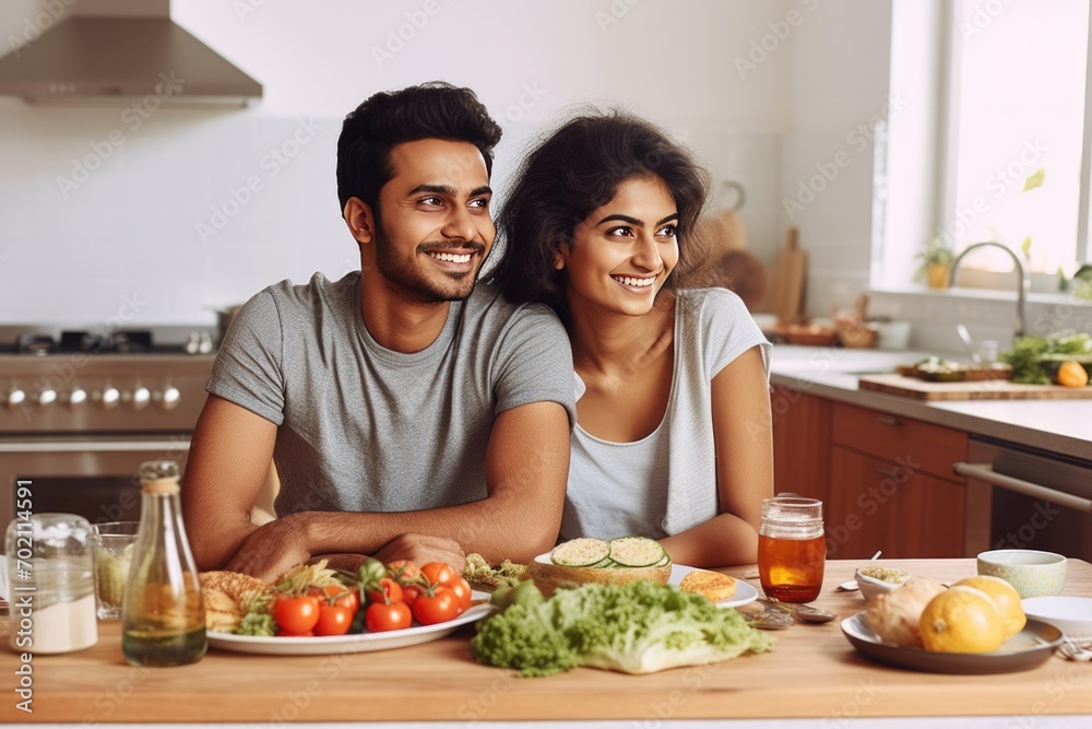 A young couple preparing a healthy meal together in the kitchen. A fictional character created by Generative AI. 