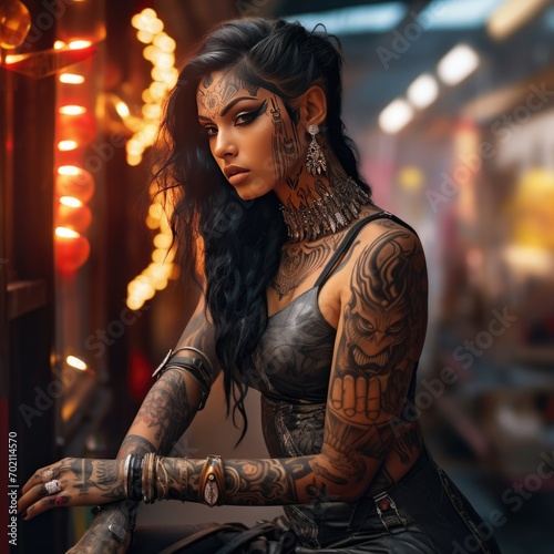 The Dark-Haired Beauty with Tattoos. A fictional character created by Generative AI.  © shelbys
