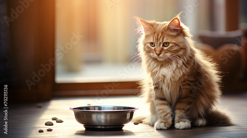 Adorable cat near food bowl