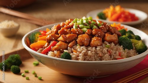 mouthwatering sweet and sour chicken brown rice bowl. Showcase the vibrant colors of the crispy chicken, colorful vegetables, and perfectly cooked brown rice.