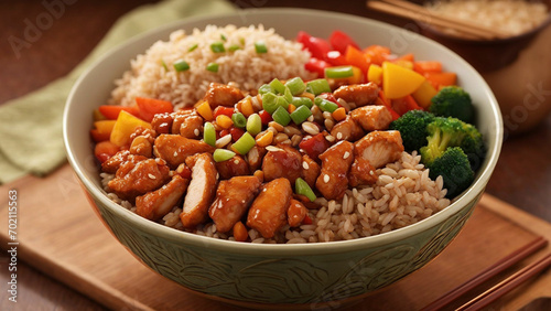 mouthwatering sweet and sour chicken brown rice bowl. Showcase the vibrant colors of the crispy chicken, colorful vegetables, and perfectly cooked brown rice.