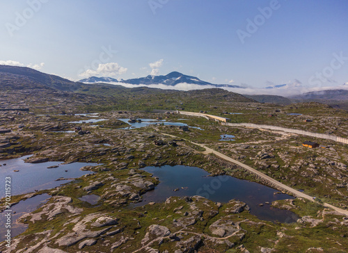 Björnfjell holiday house area near Riksgränsen, Norwegian swedish border. Summer aerial view, arctic tundra, high mountains. photo