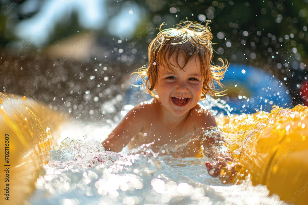 a toddler splashing around in an inflatable water slide