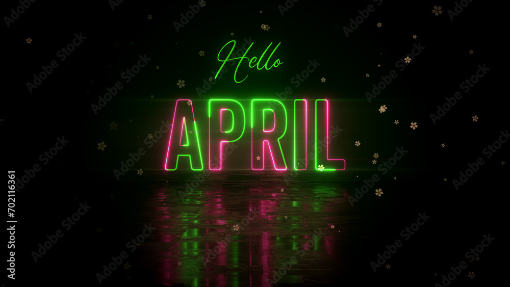 Festive Pink Green Glowing Neon Hello April Lettering With Floor Reflection Amid The Falling Sakura Flowers On Dark Background