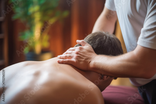 Performing a back massage in spa center, relaxed background. Self care and taking time to relax from busy modern life.
