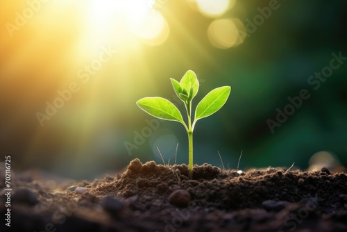 Young plant growing in garden with sunlight on nature background
