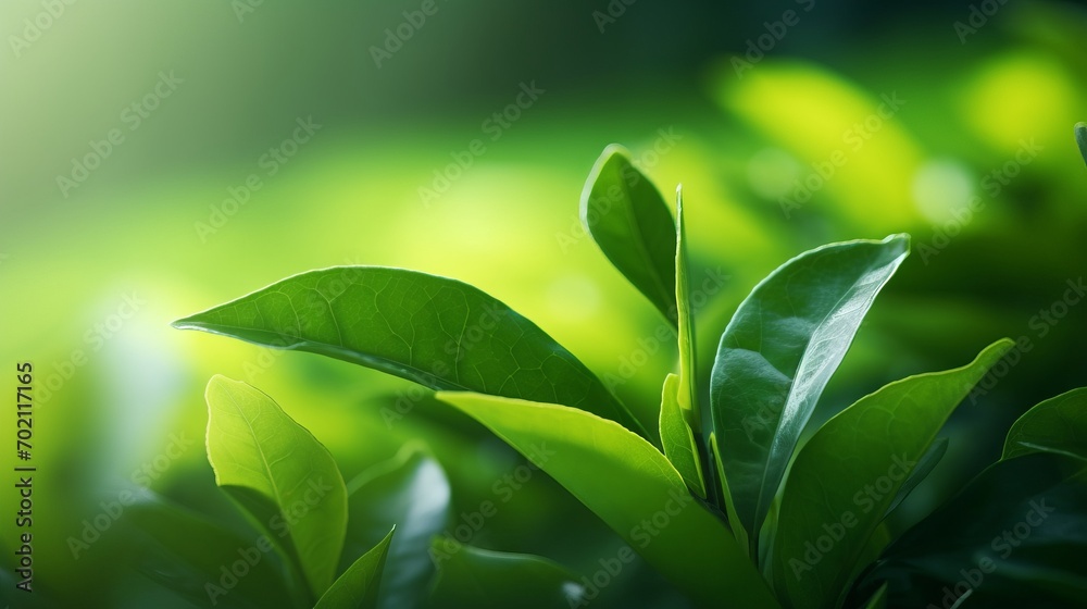 Fototapeta premium Close up of fresh green tea leaves on blurred greenery background. Generative AI