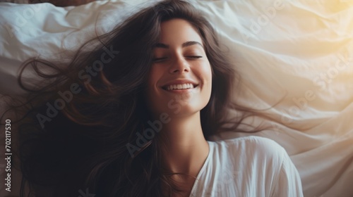 Beautiful young woman lying in bed and smiling. Close up. Generative AI