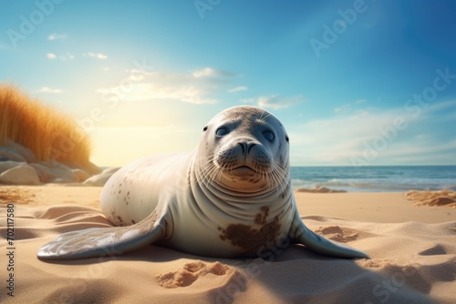 A seal rests lying on a sunny beach