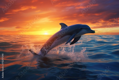 A dolphin jumps out of the water at sunset. World Oceans Day