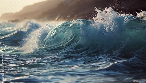 An ocean wave creating splashes. The concept of the force and beauty of nature.