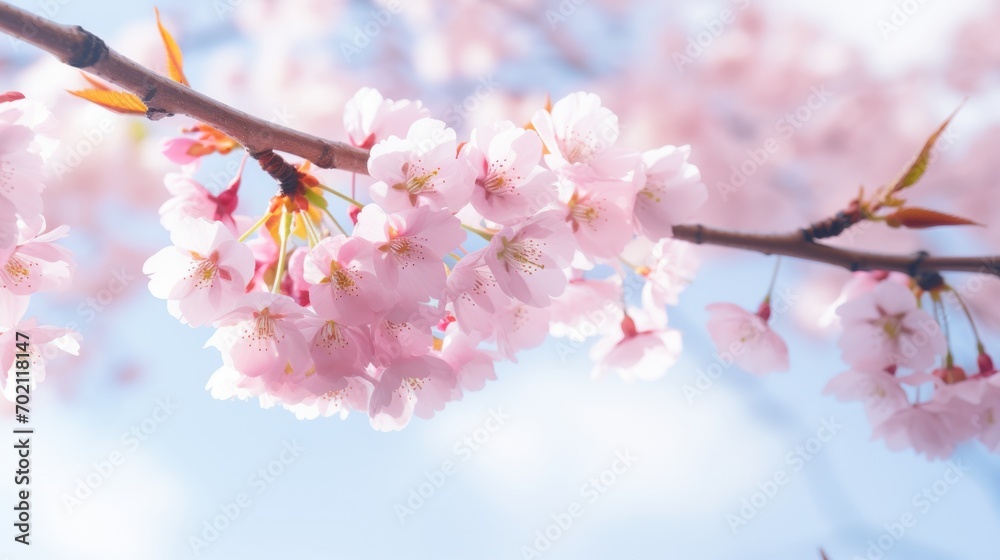 Spring background with a sprig of cherry blossoms on a blue background.