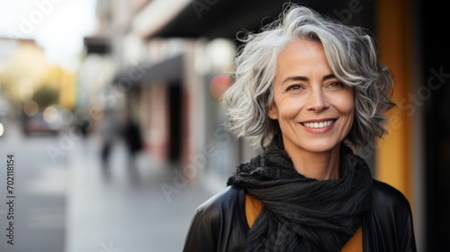 Portrait of smiling middle aged woman with grey hair in the city Generative AI