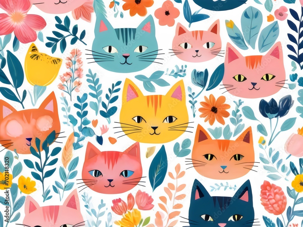 Seamless Pattern Face cat and flowers. Digital painting illustration.