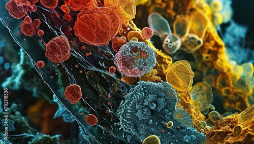 Microscopic viruses and bacteria of different colors and shapes. The concept of infectious disease research. photo
