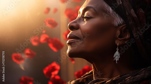 Red rose petals delicately cascade onto middle aged black woman face in close up portrait embodies timeless essence of femininity and tenderness, beauty and grace transcend age