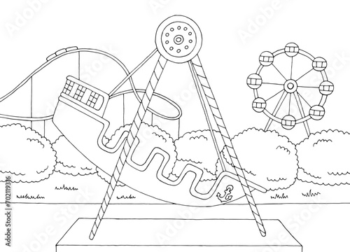 Ship in amusement park landscape graphic black white sketch illustration vector