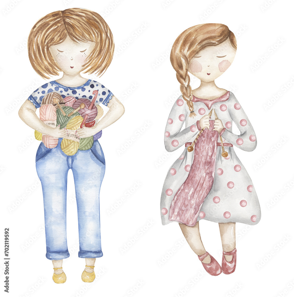 Hand-drawn watercolor knitting woman illustration set. Yarn balls clipart, crafts and Hobbies clip arts, graphic needles Hand-drawn watercolor knitting woman illustration set. Yarn balls clipart, crafts and Hobbies clip arts, graphic needles