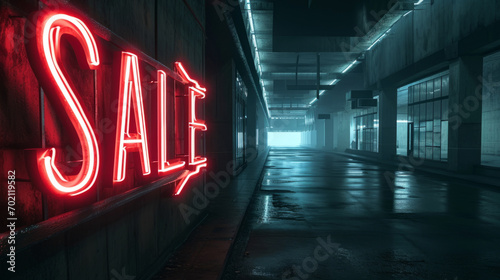 Huge neon sign Sale. Glowing sale light advertising in an empty room. Theme of discount and commerce photo