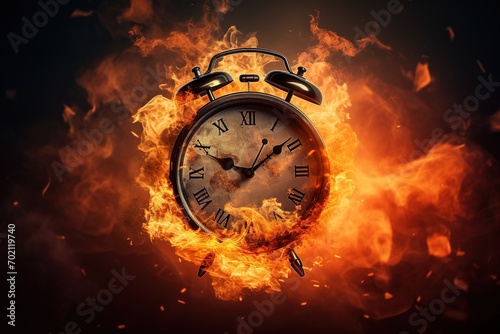 Alarm clock on fire background. Time is running out concept.