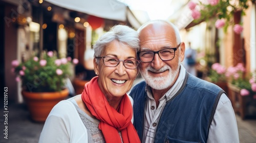 An older, middle-aged couple is happy, having fun and laughing outdoor