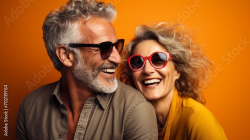 An older, middle-aged couple is happy, having fun and laughing indoor