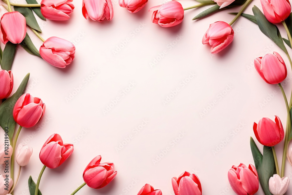 Spring morning concept. Flat lay of flowers tulip over light pink background, top view with space for your text Spring morning concept. Flat lay of flowers tulip over light pink background, top view with space for your text