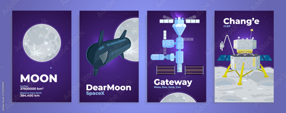 Set of space missions to the moon. Vector illustration, concept art for ...
