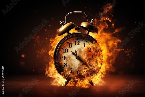 Alarm clock on fire background. Time is running out concept.