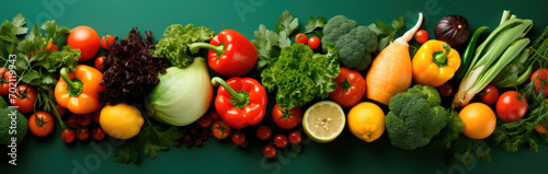 Banner from various vegetables on blue background, top view, creative flat layout. Concept of healthy eating, food background