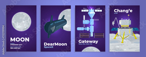 Set of space missions to the moon. Vector illustration, concept art for graphic poster and web design, social media banner, marketing material, studio material.