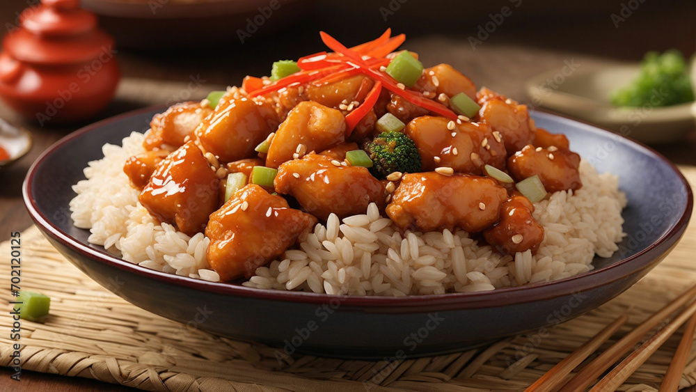 image that captures the fusion of flavors in sweet and sour chicken with brown rice. image that captures the fusion of flavors in sweet and sour chicken with brown rice.