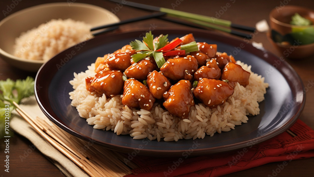 image that captures the fusion of flavors in sweet and sour chicken with brown rice. image that captures the fusion of flavors in sweet and sour chicken with brown rice.
