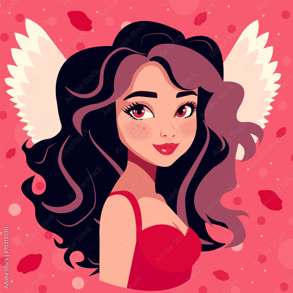 Vector cartoon illustration, portrait of a young beautiful cupid girl against the background of falling rose petals.

