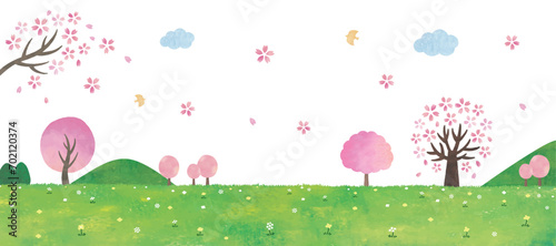 桜と野原の景色水彩画