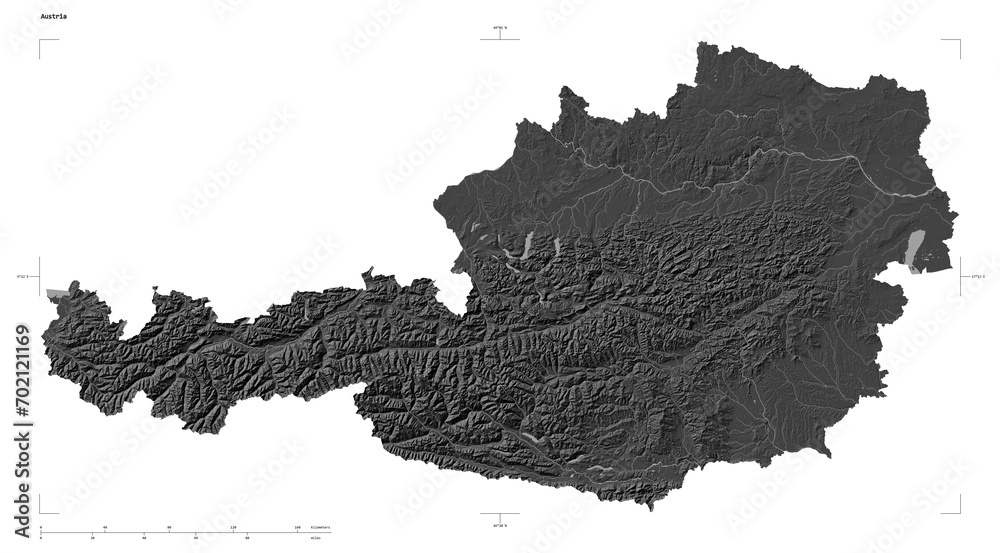 Austria shape isolated on white. Bilevel elevation map