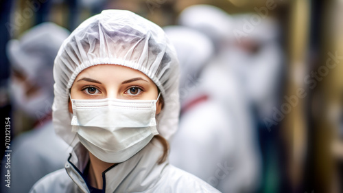 Female healthcare worker in a white protective suit, hair cover, and surgical mask, with intent eyes. Her presence epitomizes frontline medical dedication amidst a pandemic or sterile environment