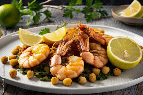 Fried Masrum with Boiled Prawns white begraund photo