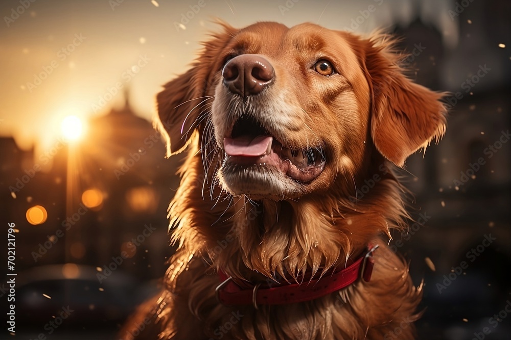 Vibrant double exposure: a captivating golden retriever with the enchanting London skyline nestled within a mesmerizing red sunset backdrop