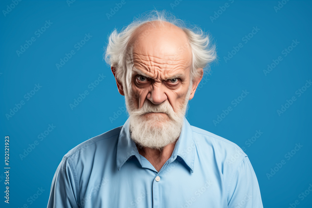 Angry old man isolated on a blue background. Anger or furious facial expression. Angry old man isolated on a blue background. Anger or furious facial expression.
