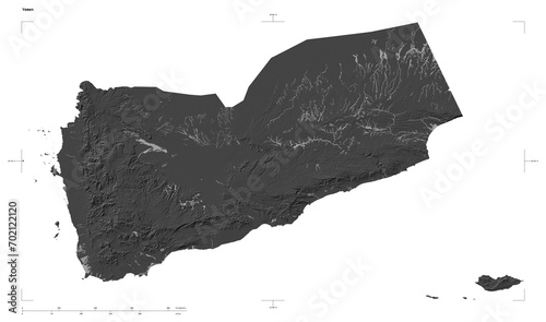 Yemen shape isolated on white. Bilevel elevation map