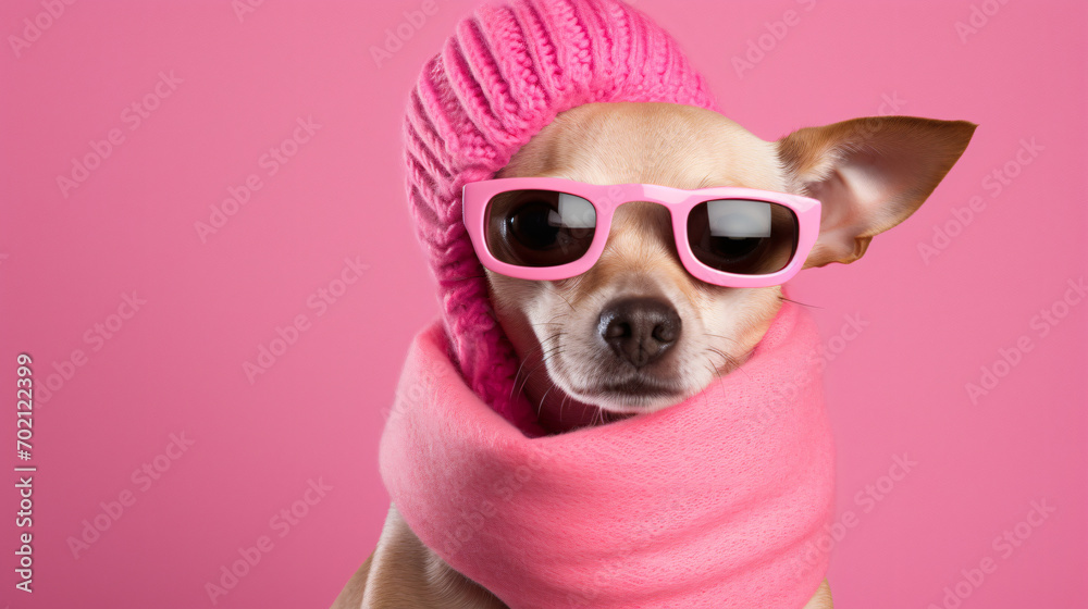 Dog in a warm hat and scarf