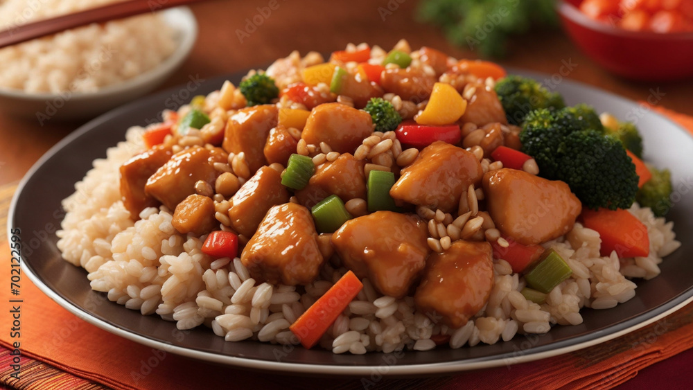 Focus on the healthy aspect by highlighting the nutritious elements of sweet and sour chicken paired with brown rice. Focus on the healthy aspect by highlighting the nutritious elements of sweet and sour chicken paired with brown rice.